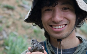 scientist in field with frog